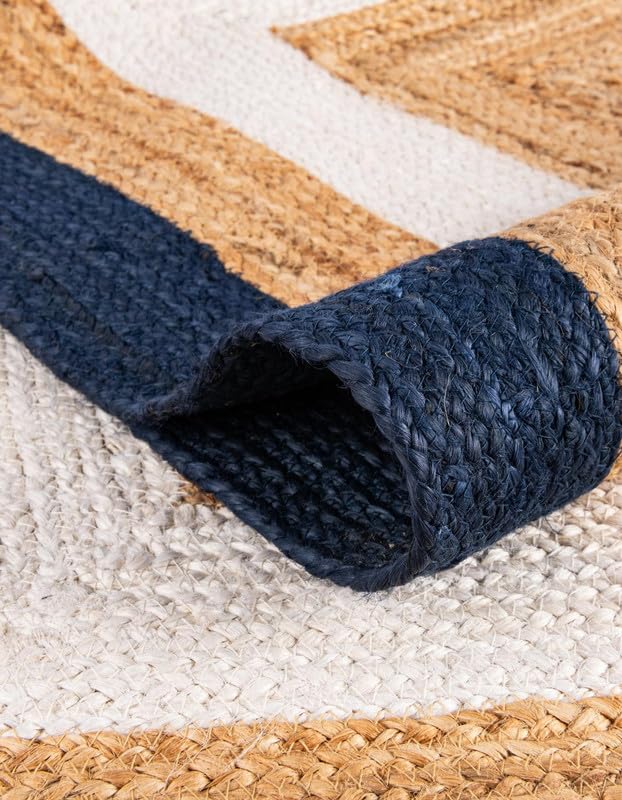 Tapis rustique en jute tressé à la main pour salon, chambre à coucher, salle à manger et entrée, beige, bleu marine et blanc, 1,5 x 2,4 m