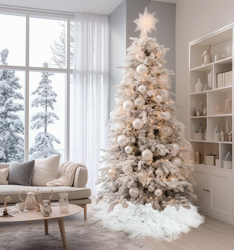 AOGU 60 Inch Fluffy Tulle Christmas Tree Skirt Vintage and Elegant Design Perfect for Christmas Tree Decorations White