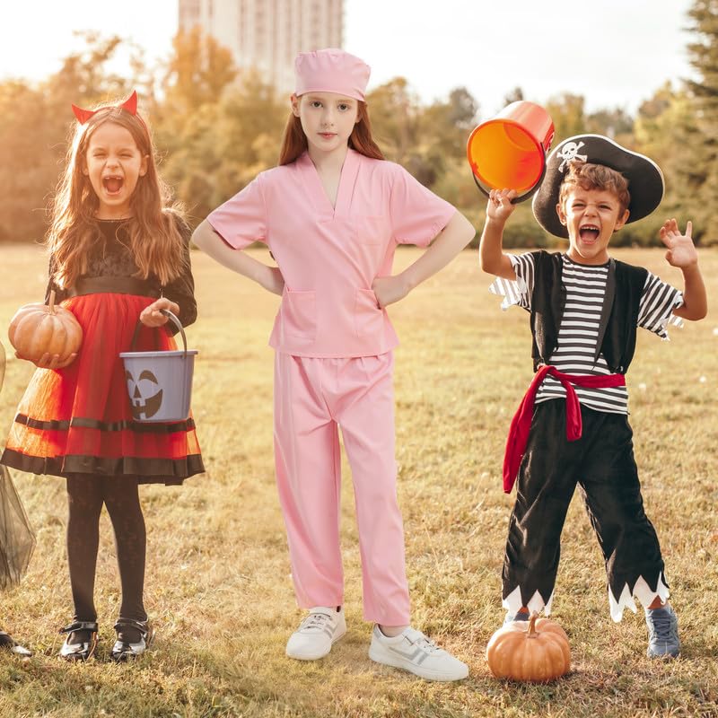 Arztkoffer Kostüm für Kinder mit Arztkittel, Medizinkoffer, Thermometer, Stethoskop, Spritze, Mundendoskop usw., Kinder OP Kleidung mit Laborkittel für Halloween von 9 bis 12 Jahren Rosa