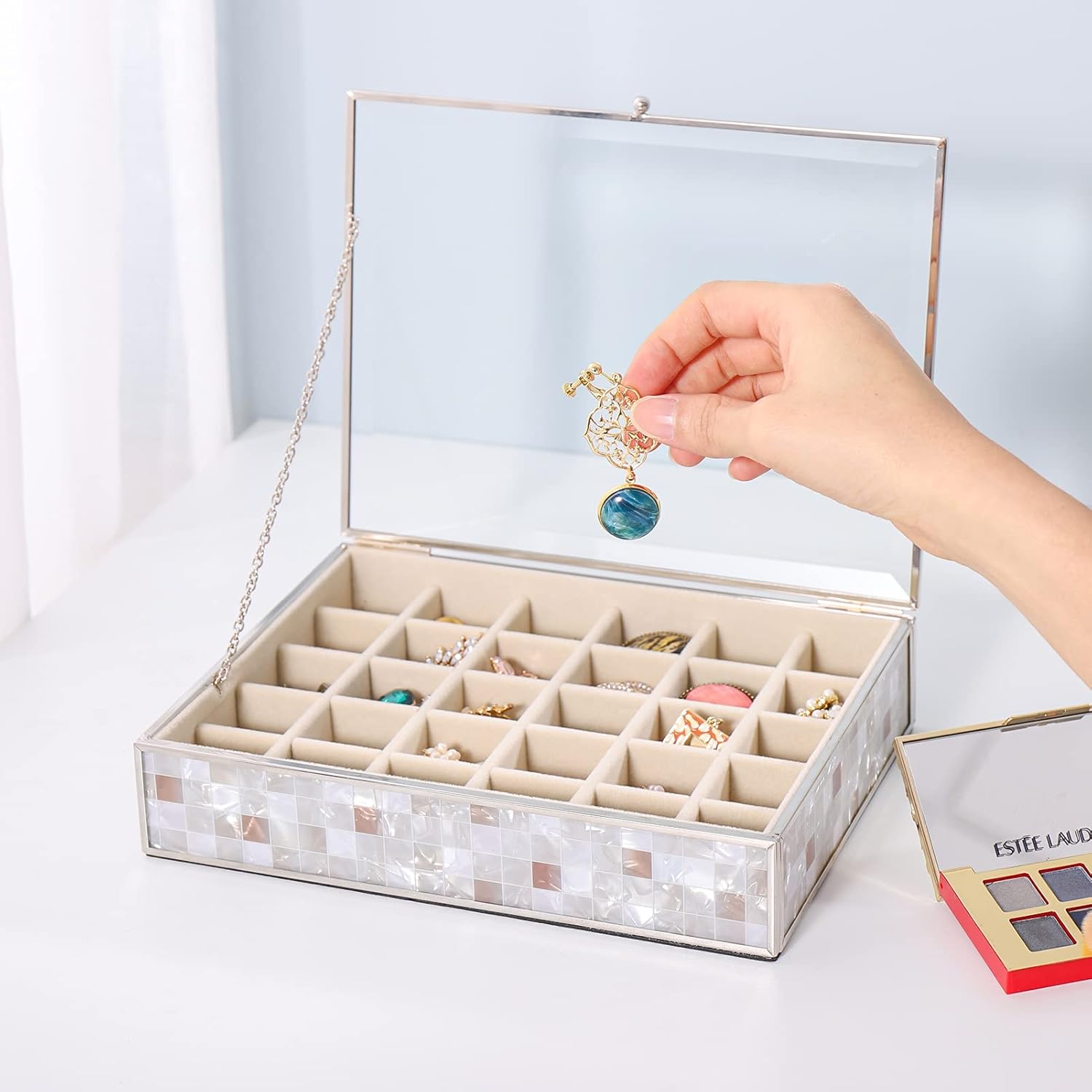 Clear Glass Jewelry Box with Velvet Tray, Modern Jewelry Organizer with Lid, Dust-Proof Metal Sliver Jewellery Display for Earring Ring, Great in Bedroom, Dresser and Vanity (30 Grids): Home Improvement