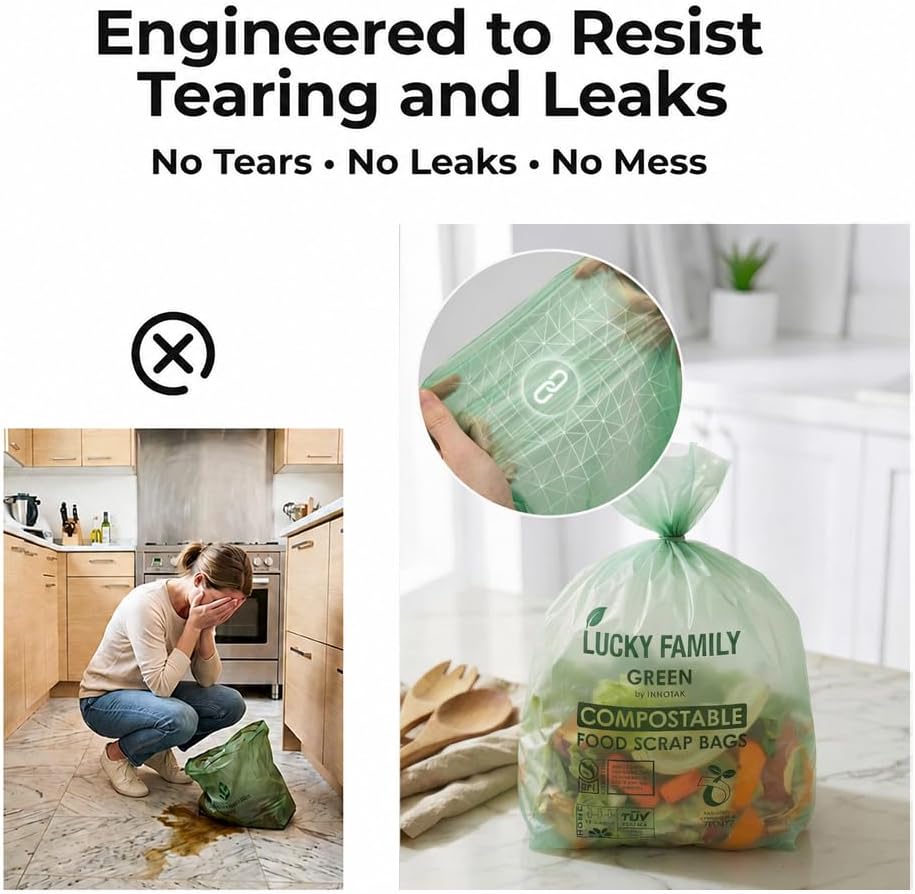 Compostable Trash Bags for Kitchen Compost Bins – 1.3 Gallon Small Compost Bags for Countertop Bin, Green Compostable Bags, BPI Certified ASTM D6400, Leak-Resistant Food Waste Bags (50 Count)