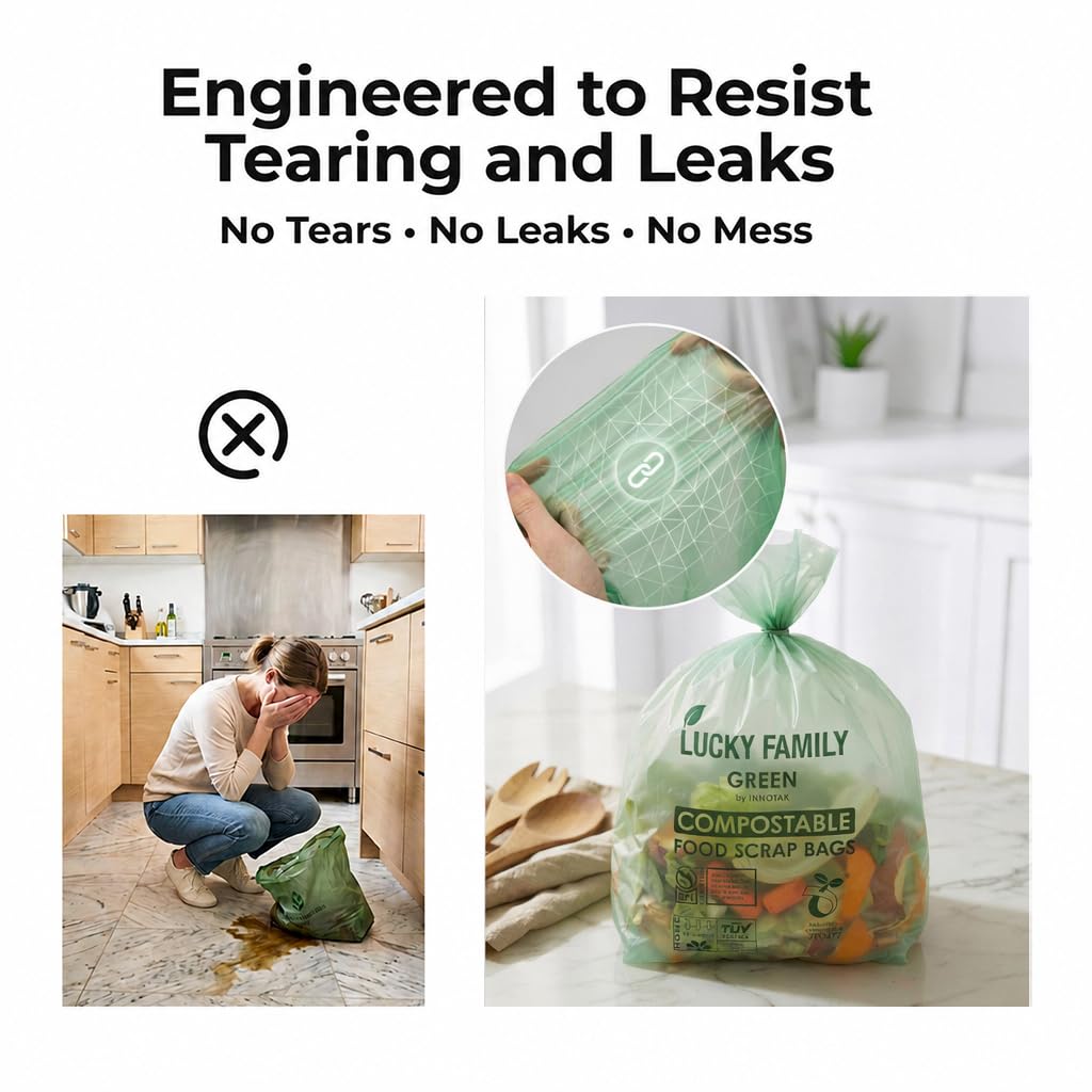 Lucky Family - Bolsas de compostaje verdes para encimera de cocina, 1.3 hasta 1.6 galones, 100% compostable, reciclables, orgánicas, ecológicas, 50 bolsas por rollo