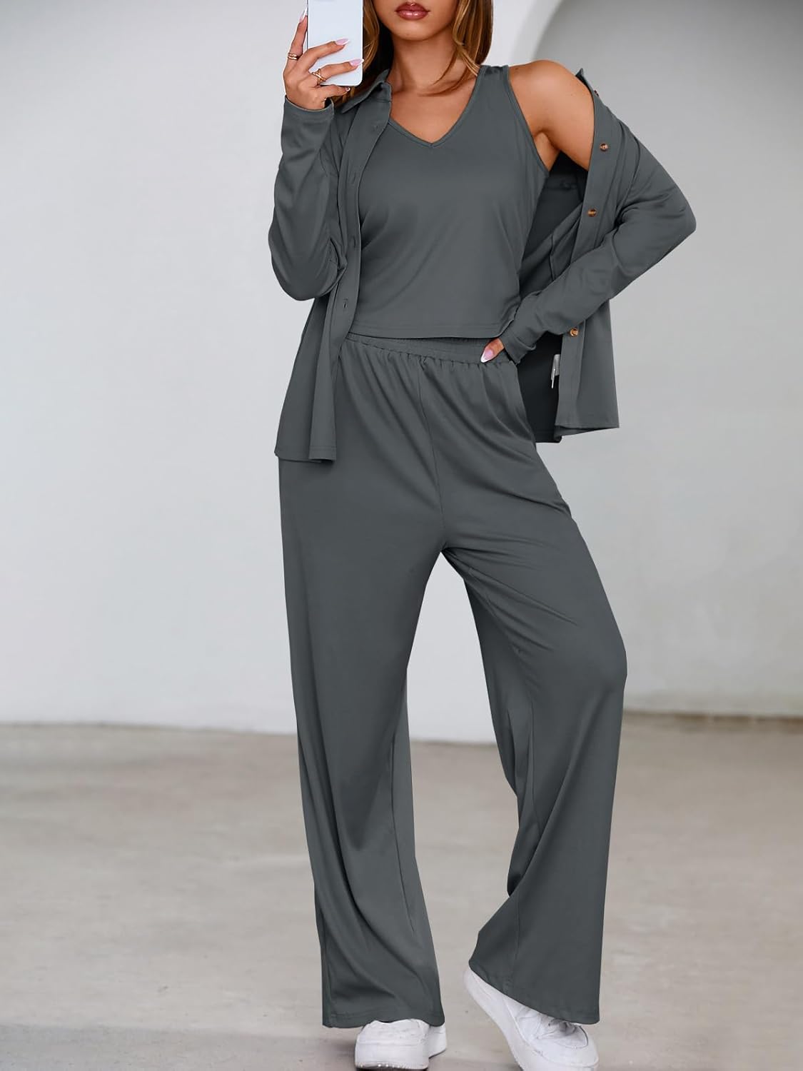 Tankaneo Womens 3 Piece Pajama Set Long Sleeve Shirts V Neck Tank Top Wide Leg Pants Sweatsuit Lounge Sets 2025 - Image 2