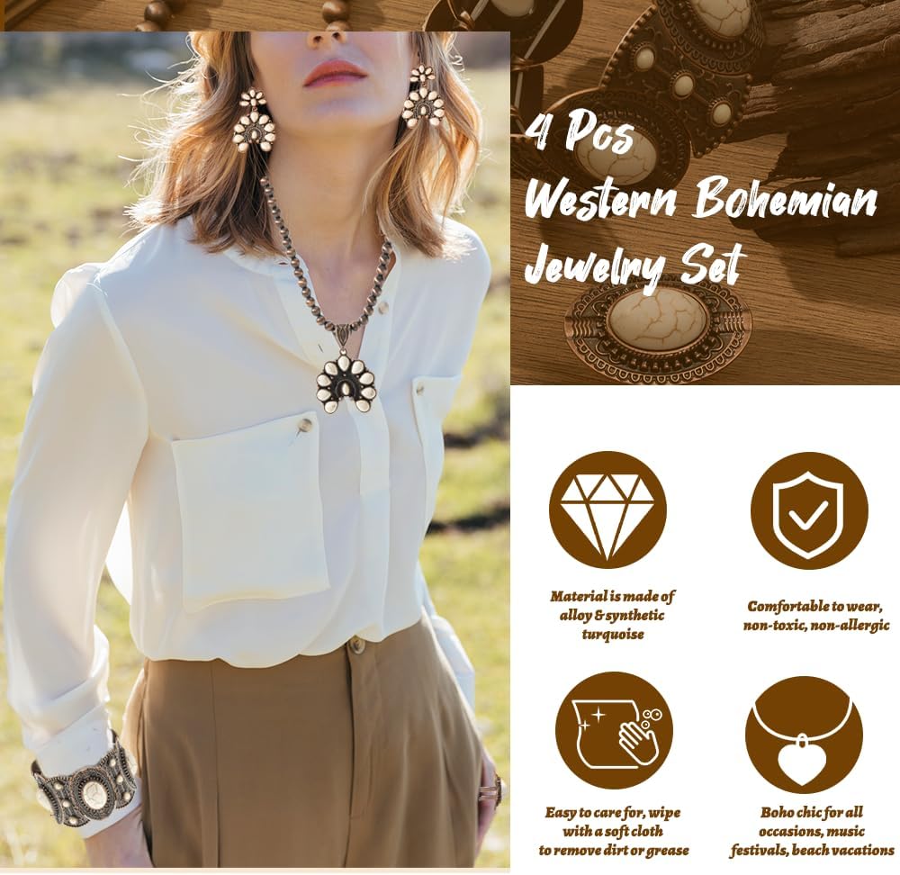 4 Pack Boho Vintage Turquoise Jewelry for Women, Bohemian Western Jewelry Set with Vintage Turquoise Necklace Dangle Earrings Stretchable Bracelet Ring, Country Cowgirl Accessories for Gift - Image 3