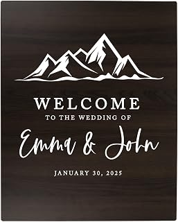 Andaz Press Large Wooden Welcome Sign for Wedding, Rustic Welcome Sign 16" x 20" Custom Names Minimal Mountains Wedding Signage Dark Walnut MDF Wood Finish Wedding Reception Indoor Outdoor Signs