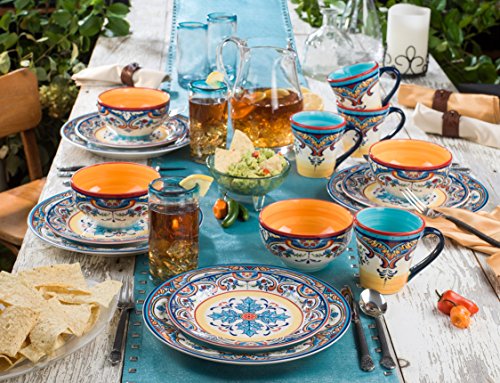 Euro Ceramica Zanzibar Collection 16 Piece Dinnerware Set Kitchen And Dining, Service For 4, Spanish Floral Design, Multicolor, Blue And Yellow #TOP5