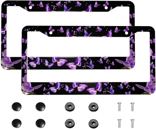 Marcos de matrícula de mariposa morada, decoración personalizada, etiquetas de automóvil, cubiertas de metal de aluminio morado, bonitos soportes