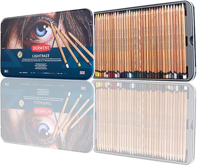Derwent 2302721 Lightfast Pencils Tin Round,Premium Core Strength,Creamy Texture,Ideal For Fine Art Drawing & Colouring, Professional Quality set of 36,Yellow,Green,White,Salmon,Violet,Brown,Black