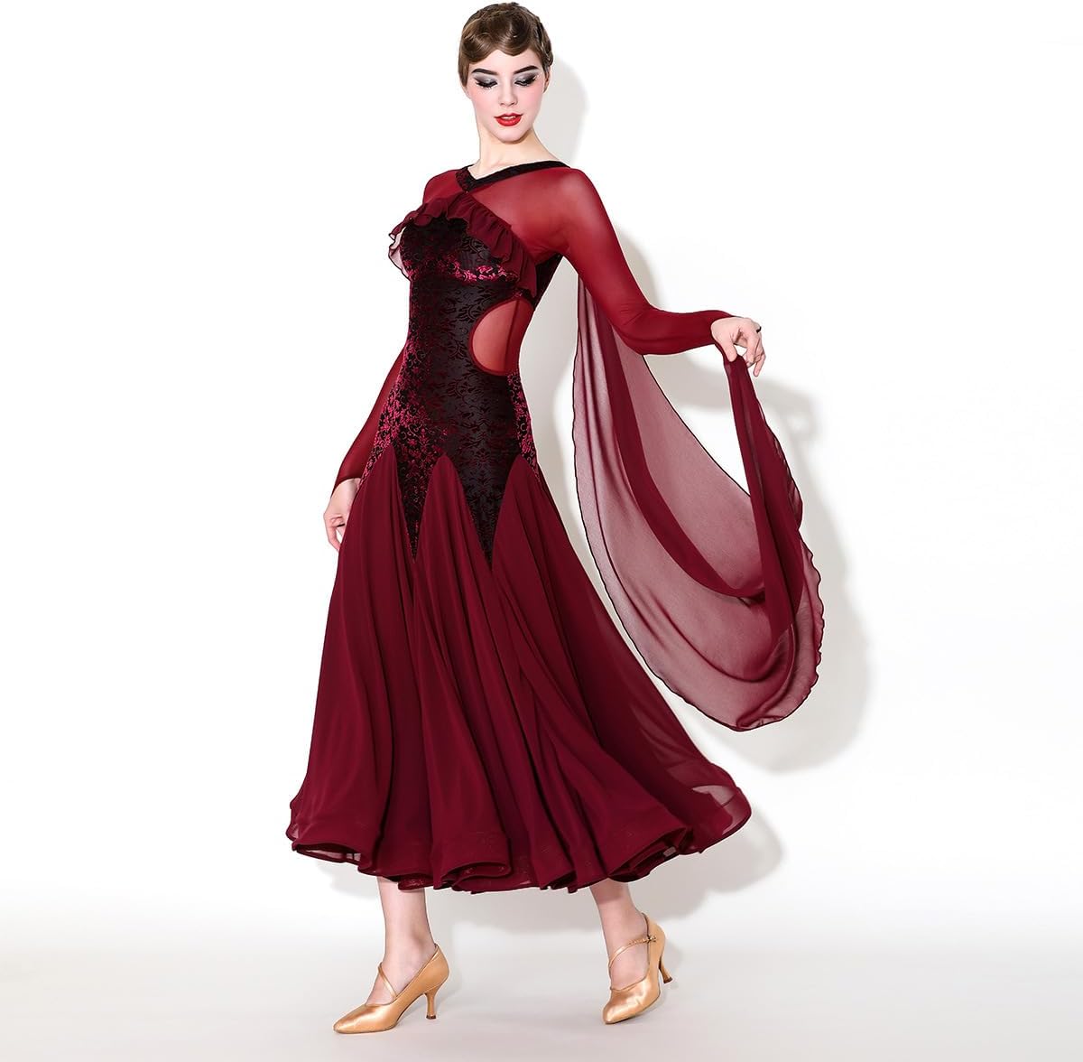 HEARTTOUCH Women's Velvet Ballroom Modern Dance Dress Mesh Sleeve Waltz Tango Dresses Competition Performance Costumes