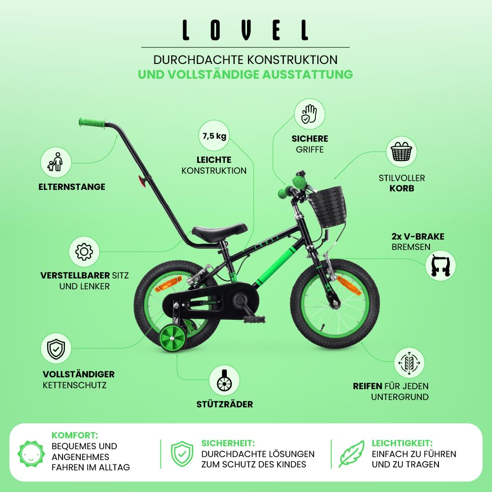 sun baby Kinderfahrrad 14/16 Zoll LOVEL - Mädchenfahrrad und Jungenfahrrad, 3-6 Jahre, max. 50 kg - Korb, Klingel, Kettenschutz