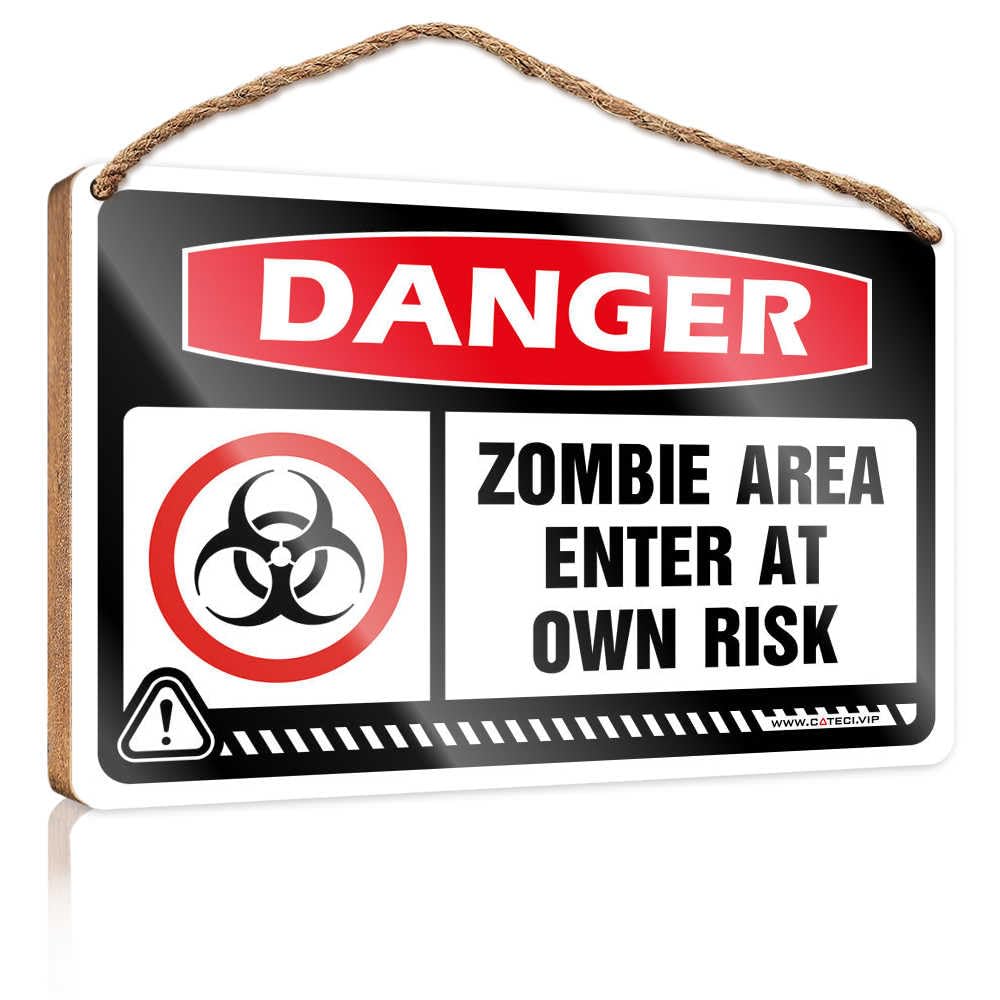 HMQW Funny Kitchen Decor Danger Danger Zombie Area Enter At Own Risk Wooden Sign Small Signs For Home Decor Farmhouse Wall Decor Si(15X28CM)