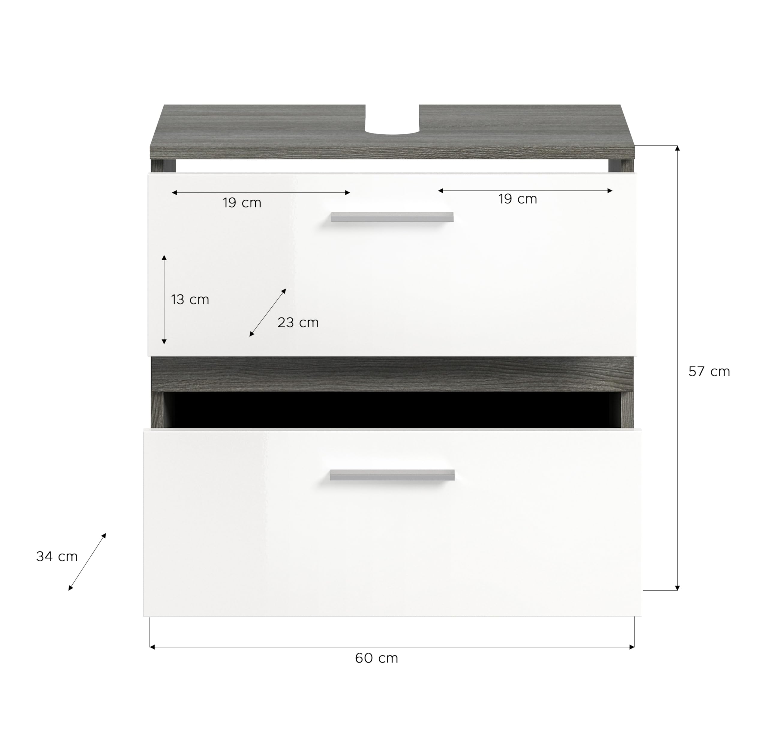 xonox.home Łazienka Blake X02B2707 szafka pod umywalkę szafka z przodu biała wysoki połysk korpus srebro przydymione nb.ok. 60x57x34 cm z 2 szufladami