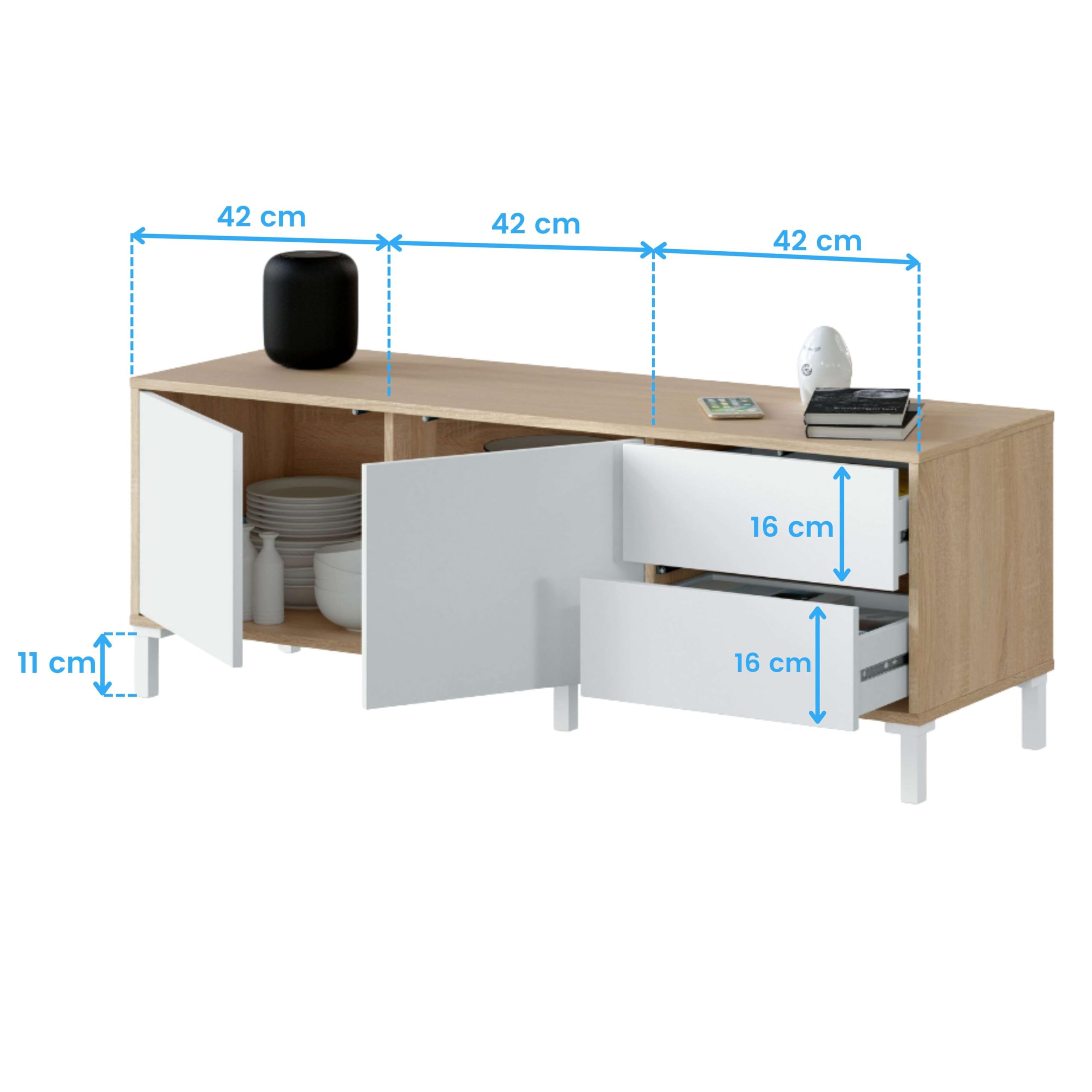 Habitdesign Brooklyn TV-Möbel, Wohnzimmer, Esszimmer, Melamin, idealer Organizer für moderne Räume, kanadische Eiche und Artik-Weiß, 130 cm