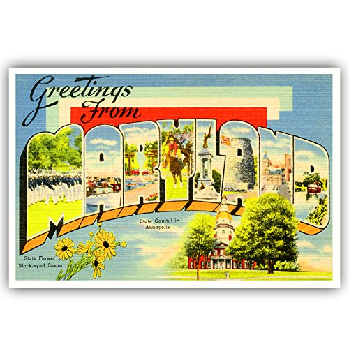 GREETINGS FROM MARYLAND vintage reprint postcard set of 20 identical postcards. Large letter US state name post card pack (ca. 1930's-1940's). Made in USA.