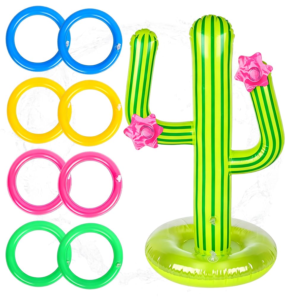 Cactus Tossing Game Set, 9PCS Inflatable Cactus Pool Toys Hawaiian Party Decorations Inflatable Ring Toss Game Set with 8 PCS Rings Tossing Game Toys for Beach Summer Swimming Pool Party