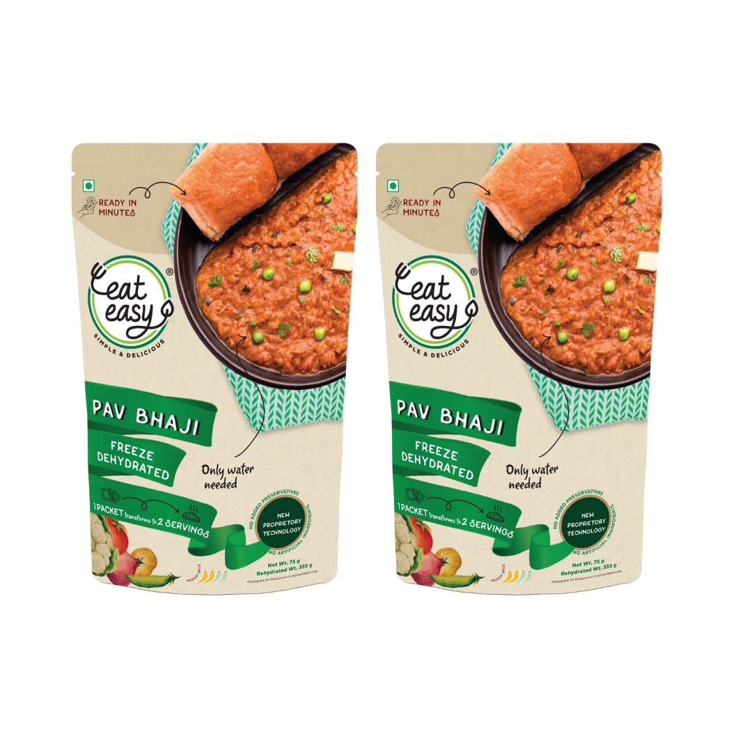 Eat Easy Ready To Eat Pav Bhaji, 65gm (Pack of 2) | Just Add Water and Cook | Instant Food for Travel Vegetarian | No Preservatives | No Added Artificial Colours & Flavours | Healthy Travel Pack