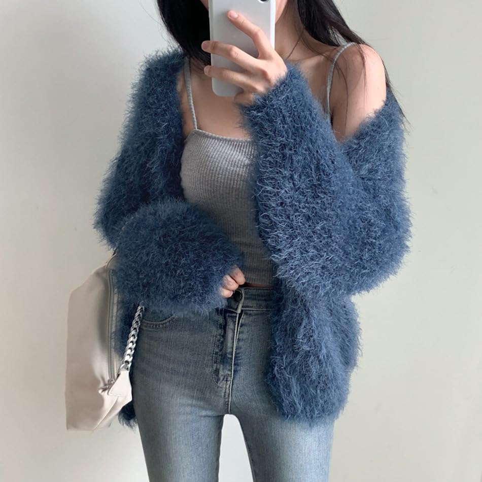 Image of Mohair Cardigan for Women - Fuzzy Open Front Oversized Faux Fur Coquette Sweater