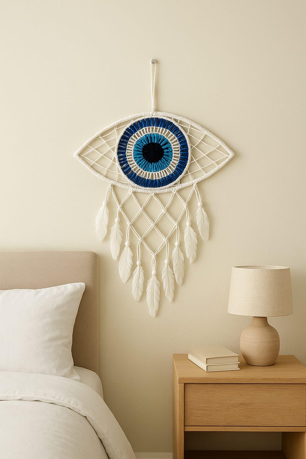 FEATHRA Handwoven Evil Eye Dream Catcher Wall Hanging – Boho Macrame Dreamcatcher with Feathers – Blue & White Protection Charm for Bedroom, Nursery & Home Decor-image-27
