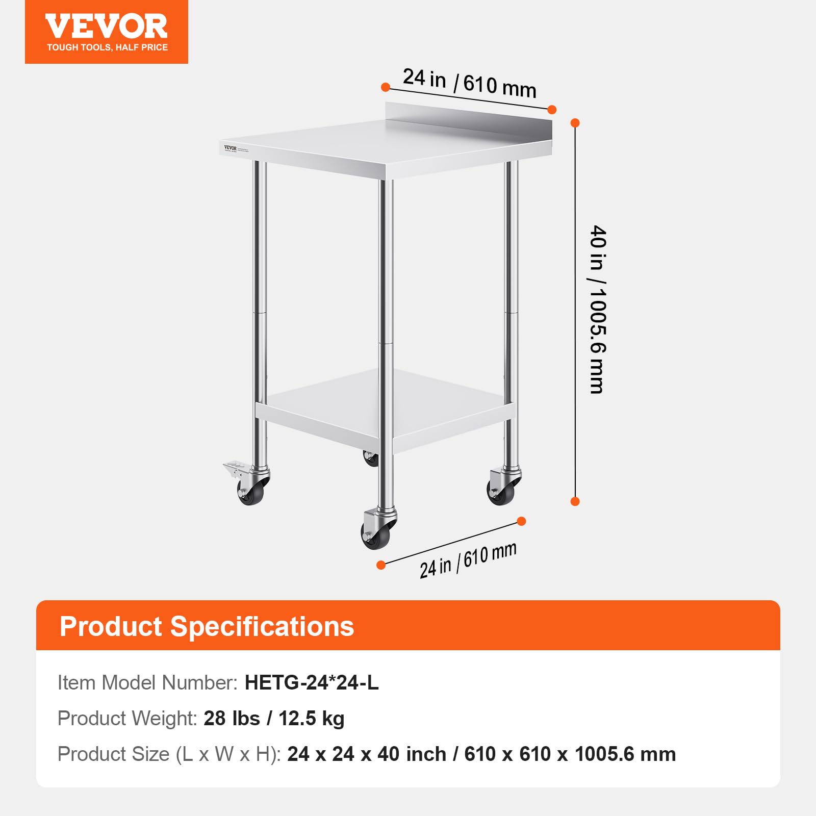 VEVOR Tavolo da Lavoro in Acciaio Inossidabile 610 x 610 x 1005 mm, con 4 Ruote, 3 Livelli di Altezza Regolabili, Tavolo Resistente per Preparazione Alimenti Ristoranti Cucina Commerciale, Argento