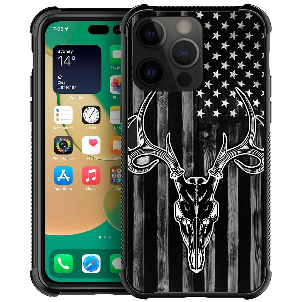 DJSOKCompatible with Case for iPhone 14 Pro Max, Black Wood Grain USA American Flag Hunter Deer iPhone 14 Pro Max Cases for Men Women Fans,Design Pattern Back Bumper Anti Scratch Reinforced Corners