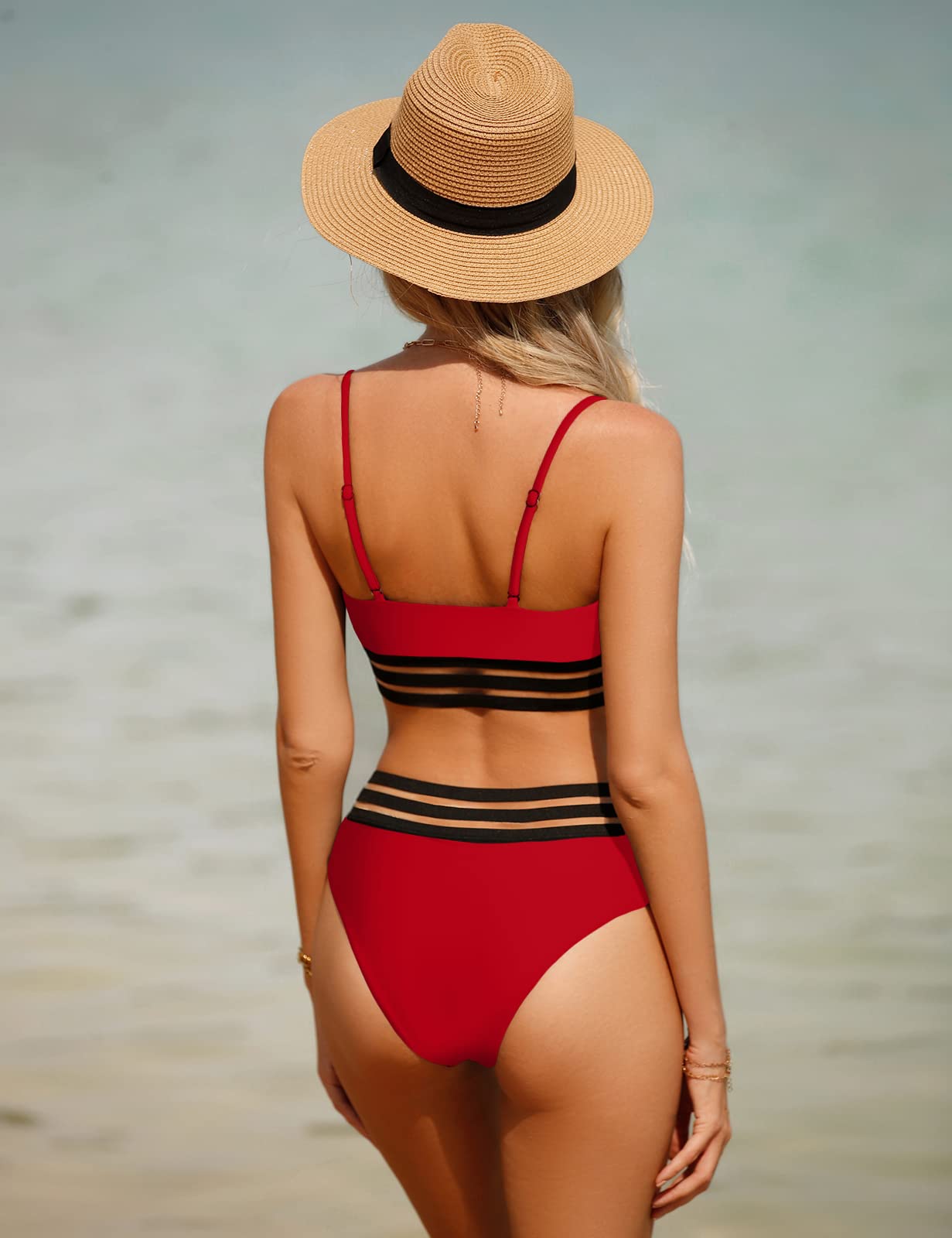 TOMEEK Damski zestaw bikini z siateczką, dwuczęściowy kostium kąpielowy, push up, wyściełany, High Cut Sport moda kąpielowa, wysoka talia, bikini dla kobiet