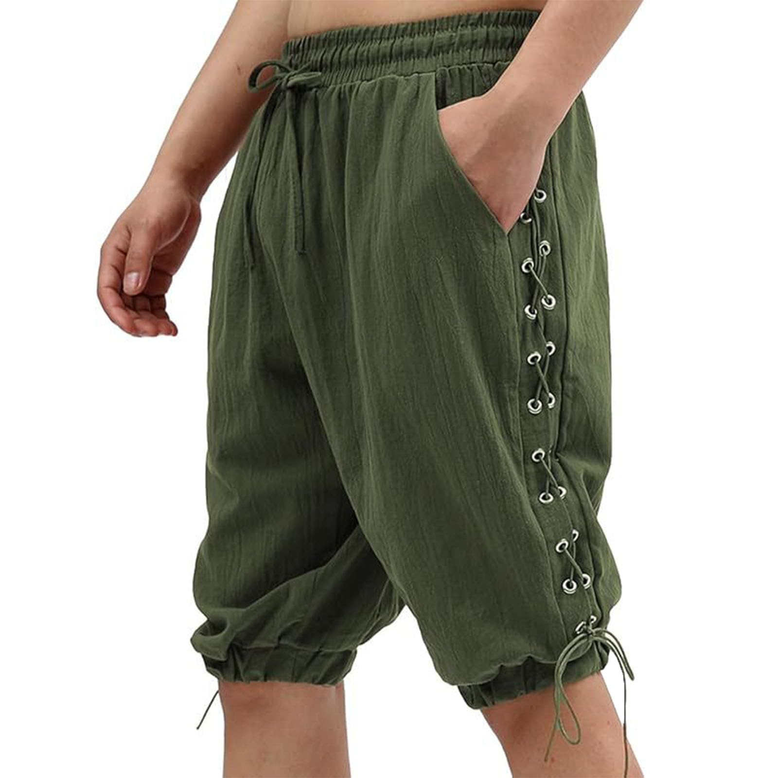 Generisch Baumwoll Shorts Herren mittelalterliche Piratenhose für Herren mittelalterliche Taillierte Passform mit Bindedesign Shorts Einfarbige Kurze Hose Unterhalb des Knies