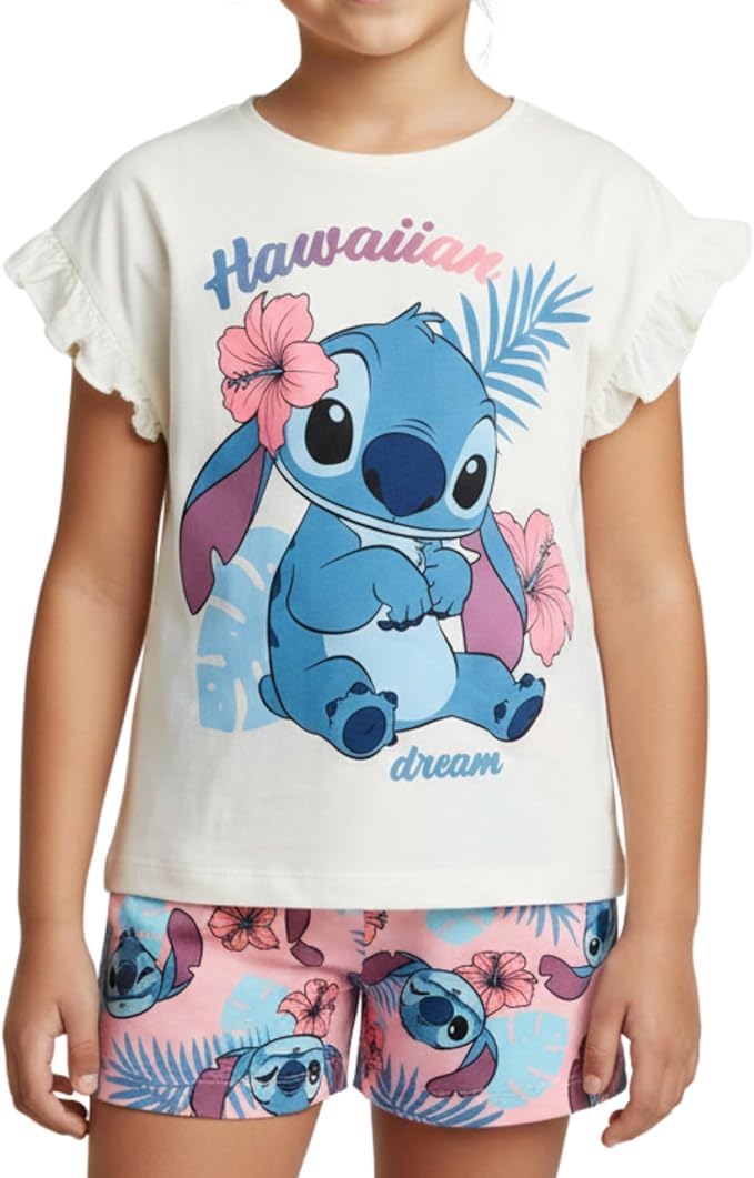 Disney Stitch Pijamas para Niña, 'Hawaiian Dream' Camiseta Manga Corta y Pantalon Corto Algodon, Tallas 3 a 8 Años