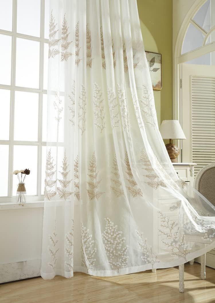 HooHero White Modern Style Pine Tree Pattern Embroidered Semi Sheer Curtains Home Decoration Rod Pocket Top Style for Kids Nursery Room Bedroom