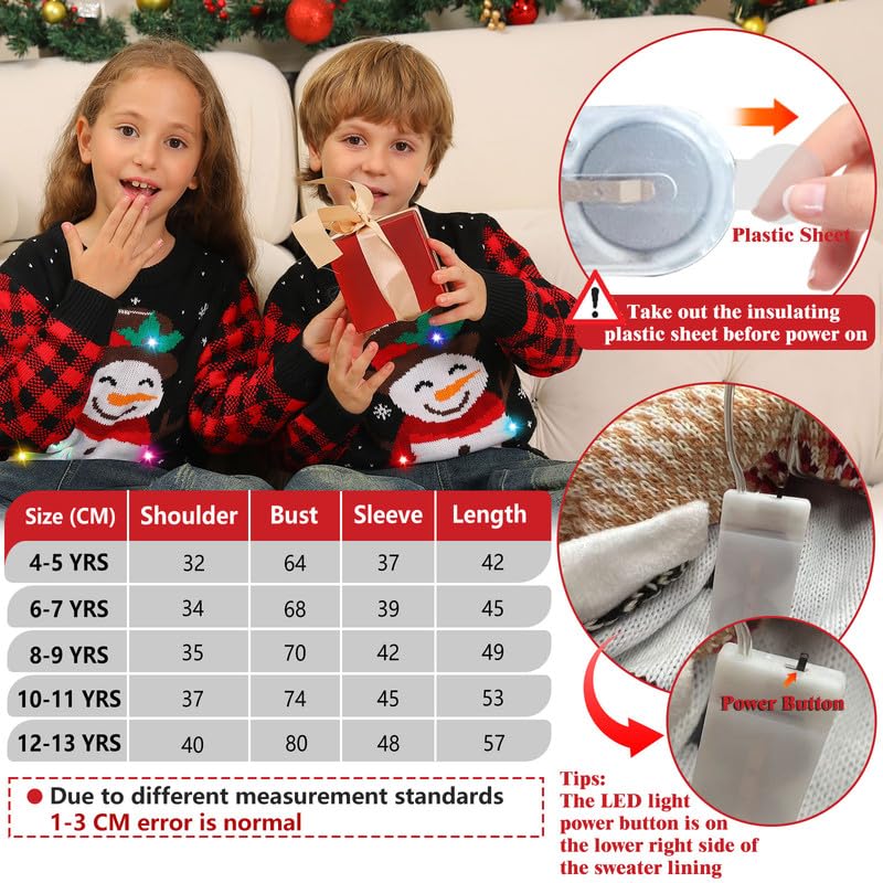 Maglione Natalizio Bambino con Luci, Maglioni Natalizi Bambini Divertenti, Girocollo Maglioncino Natalizio Famiglia Led Ugly Christmas Sweater,Brutti Maglioni di Natale per Bimbo/Bimba/Ragazza/Ragazzo