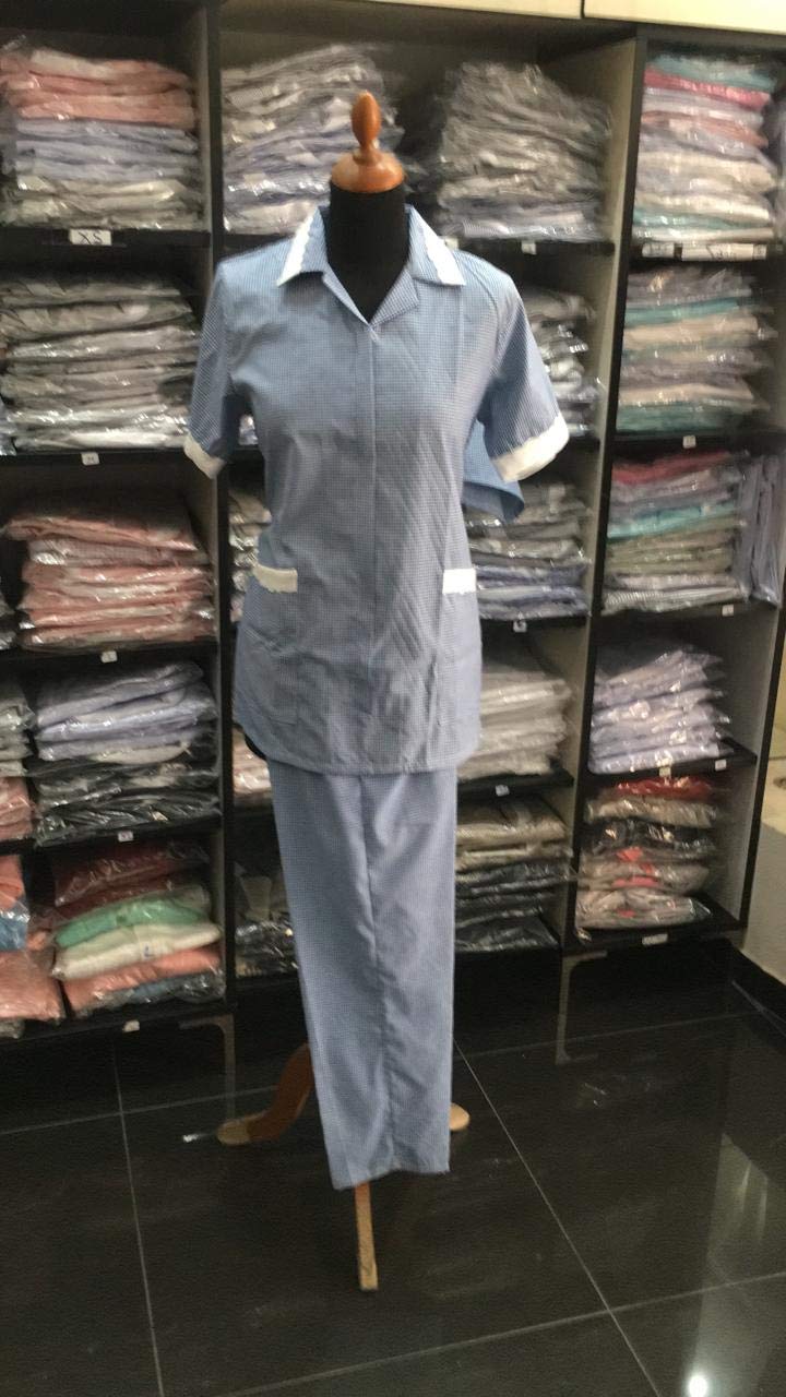 GenericMaid Uniform Blue Housekeeping Maid 2 Pcs Cotton Thin Stripes Design