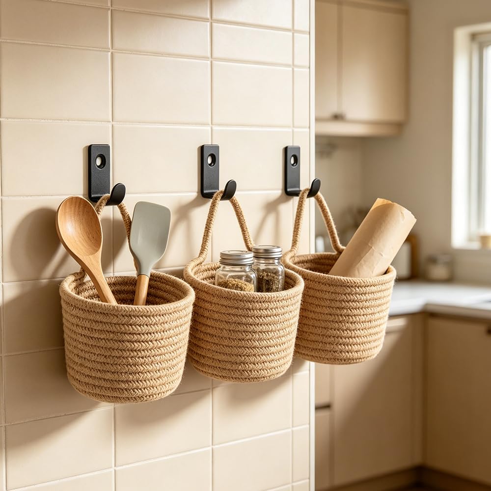 Hängekorb, HOVCEH 3 Stück Boho Korb zum Aufhängen, Obstkorb Wand mit 3 Klebehaken & 3 Garderobenhaken, 12x 16 cm Handgeflochten Hängekörbe für Büro, Küche, Schlafzimmer