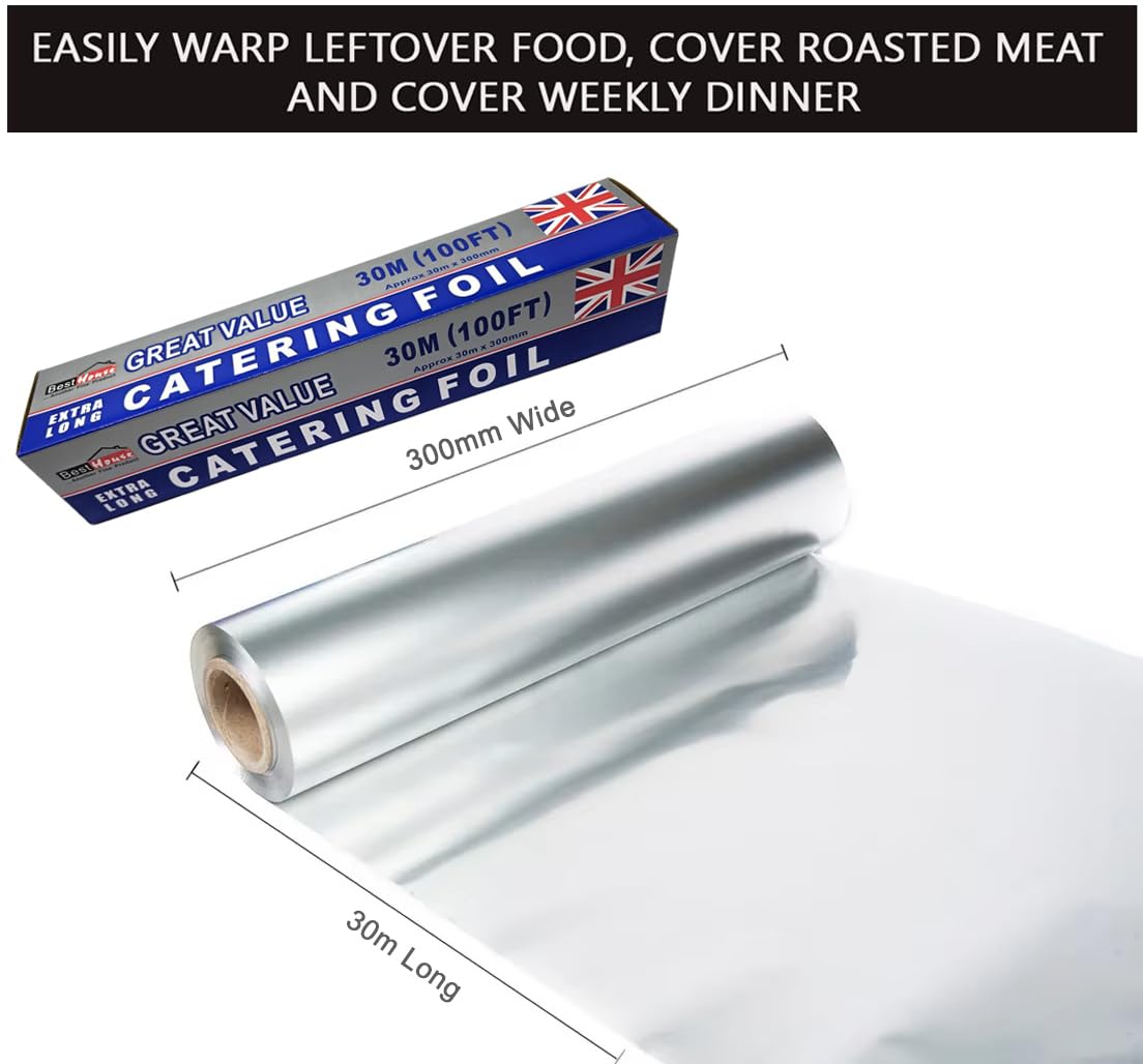 BH Rotolo di alluminio da 300 mm x 30 m, confezione da 2 pezzi, per cucina, catering, cottura, cottura, grigliate, barbecue, arrosti, per confezionare cibi caldi, preparare e conservare