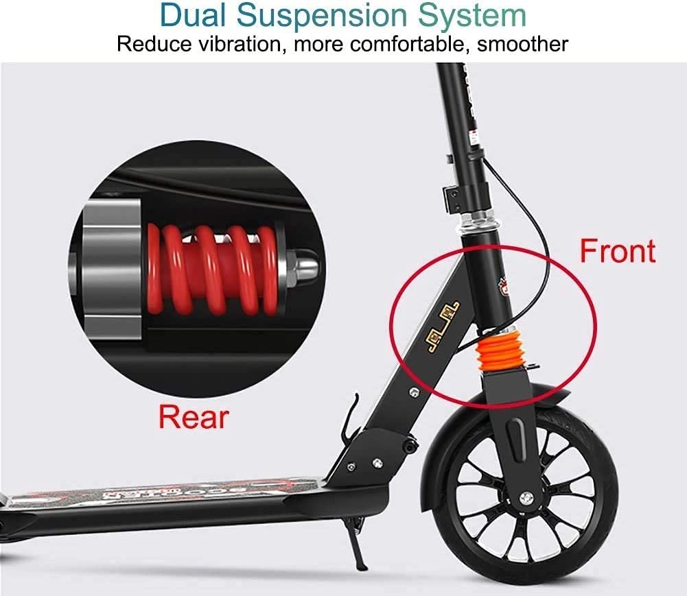 BOBOBH Scooters for niños Scooters Adulto Negro Patada para Adultos con Ruedas Grandes Freno de Mano de Disco Suspensión Doble Empuje de Ciudad Plegable con Cesta de Almacenamiento - Soporta 220