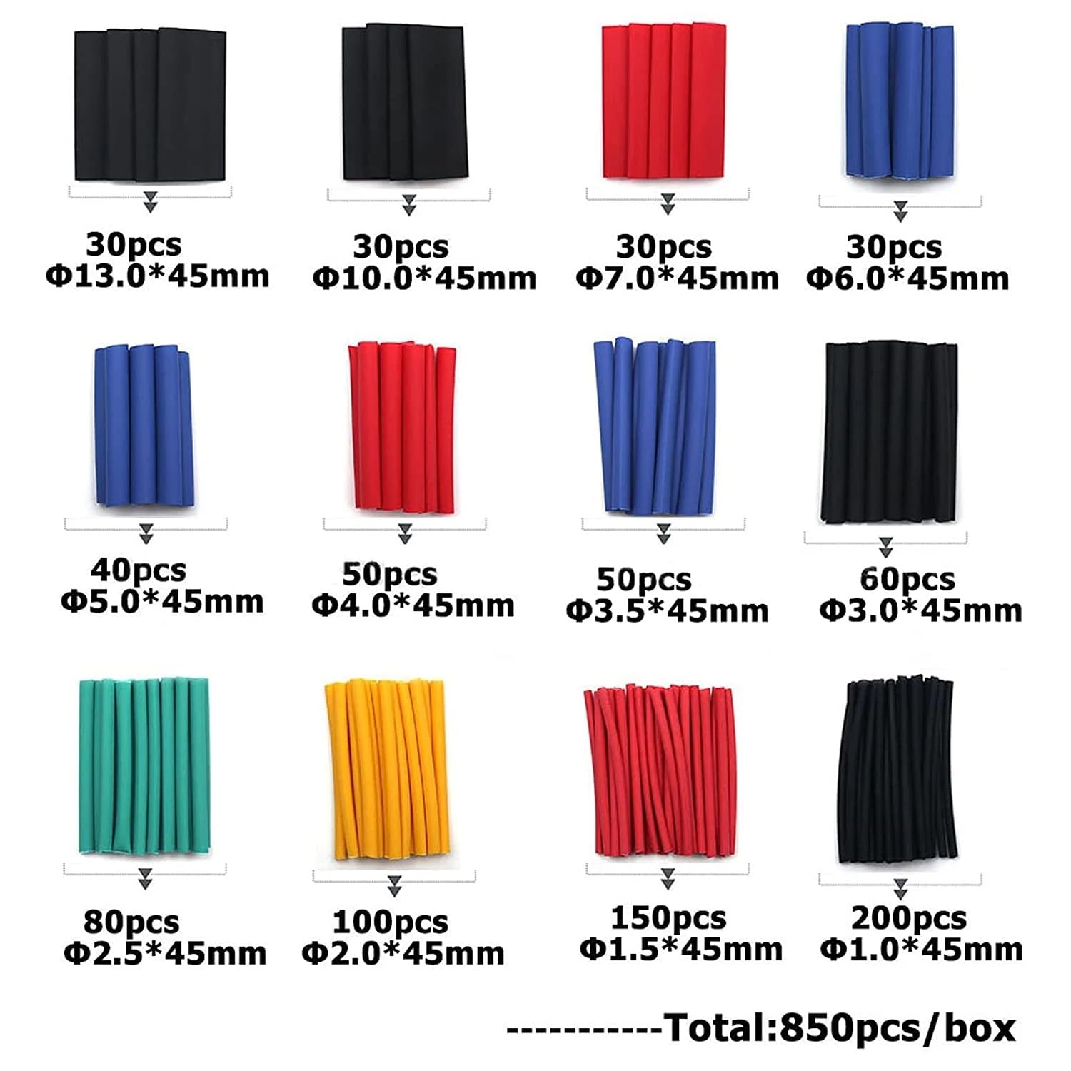 Schrumpfschlauch Set 850 Stück – 2:1 Schrumpfverhältnis, 12 Durchmesser, 5 Farben, Länge 45 Mm – EVA Material