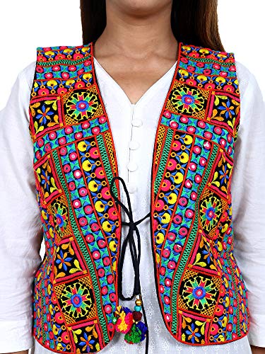 Image of Craft Trade Women's Cotton Embroidered Kutchi Jacket with Tassels Sleeveless Mirror Work