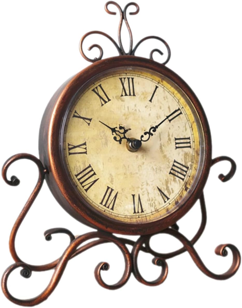 Retro Iron Table Clock Non Ticking Quartz Vintage Desk Clock for Bedroom Living Office European Style Sturdy Mantel Home Decor
