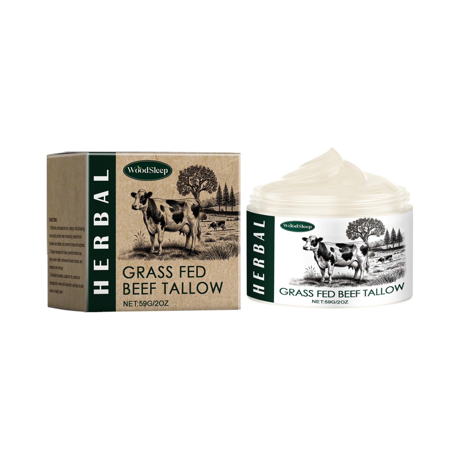 Beef Tallow and Honey Balm, Organic Grass-Fed Tallow Cream for Face, Body, and Skin, Nutrient-Rich Herbal Moisturizer for Deep Hydration (59g)
