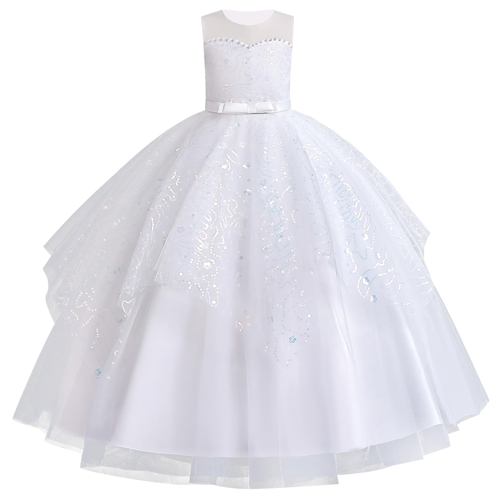IBAKOM Robe de demoiselle d'honneur pour fille - Robe d'été sans manches avec nœud et paillettes - Robe de princesse en tulle pour enfants de 4 à 13 ans pour mariage