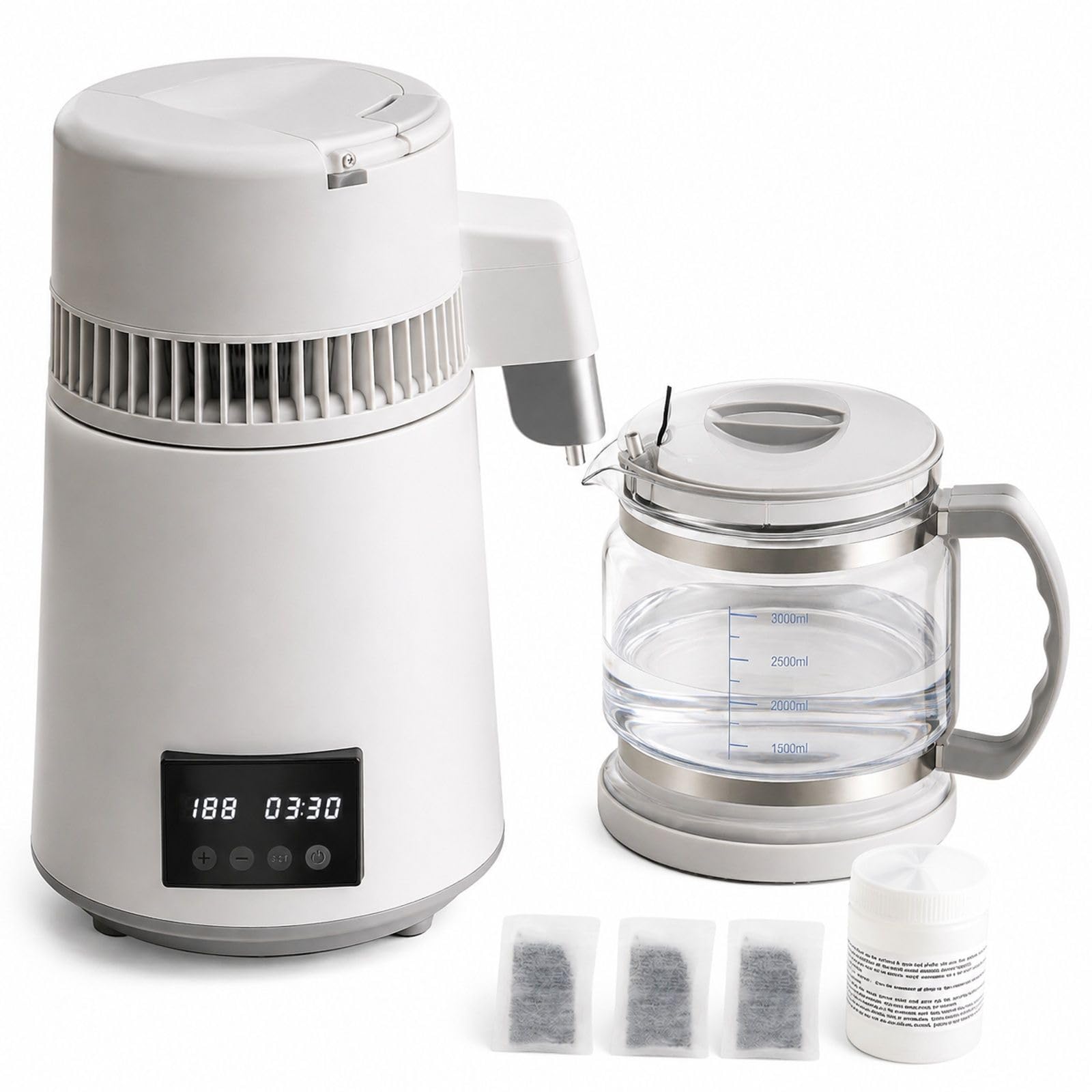 Destylator wody 4 l ze stali nierdzewnej, wydajność 1 l/h, moc 750 W, ustawienie temperatury 30–108 °C, timer 0–99 h, ekran dotykowy, filtr węglowy, biały, do domu i biura