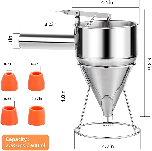 Vista 7 de Dispensador de masa para panqueques de 40 onzas, dispensador de pastel de embudo de acero inoxidable de 4 calibre con soporte, ideal