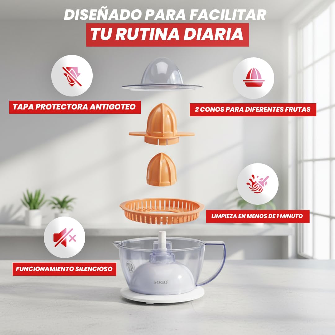 Sogo Presse-agrumes électrique à jus d'orange et de citron avec 2 cônes et couvercle, automatique, puissant et silencieux, carafe 0,5 litre, blanc, 40 W (SS-5223)