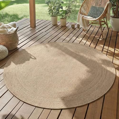 SIMPEX Outdoor Teppich Rund 80 cm Beige Wetterfest UV-beständig Pflegeleicht Einfarbiges Design mit Bordüre für Balkon Küche Flur Indoor Outdoor