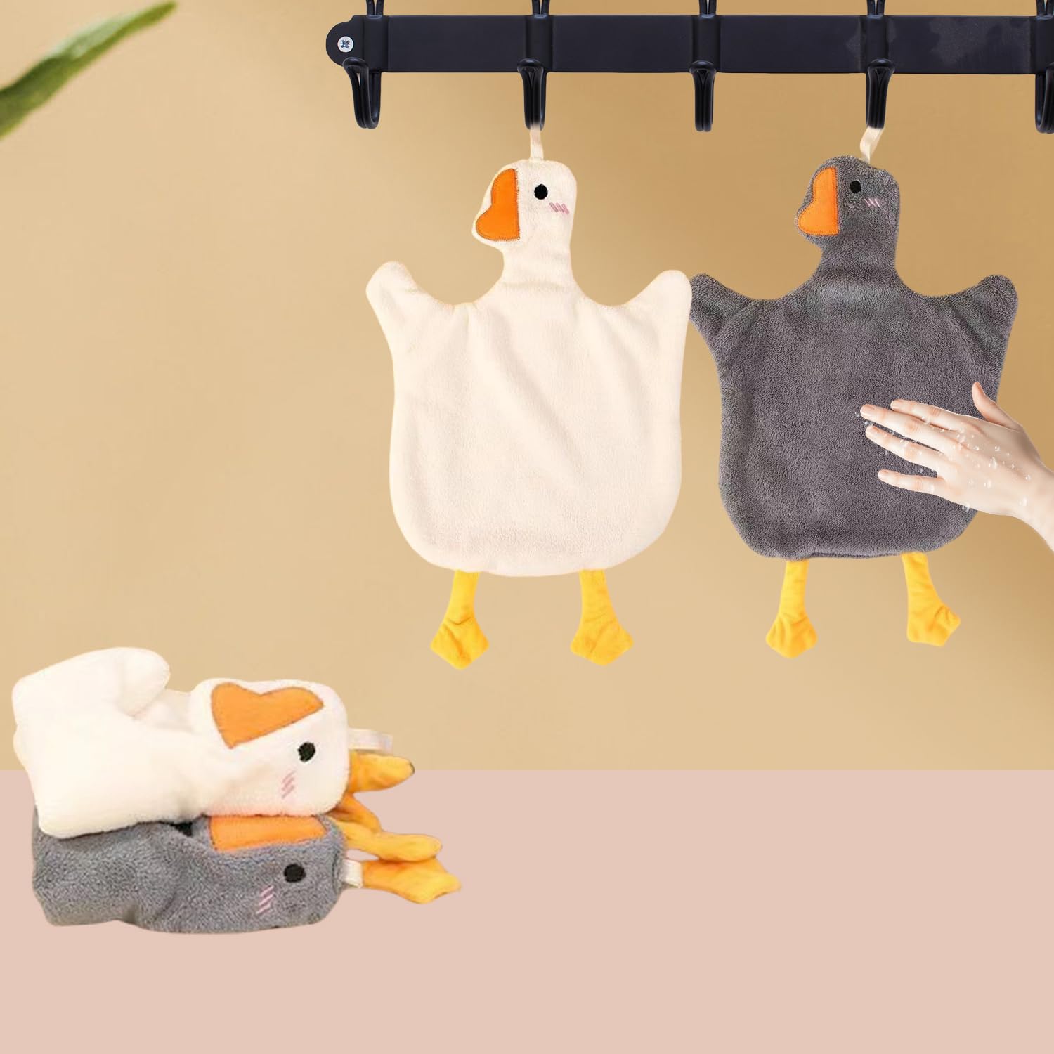 2PCS Cute Goose Shape Hand Towel with Hanging Loops Quick Dry Soft Absorbent Microfiber Hand Towels for Kitchen