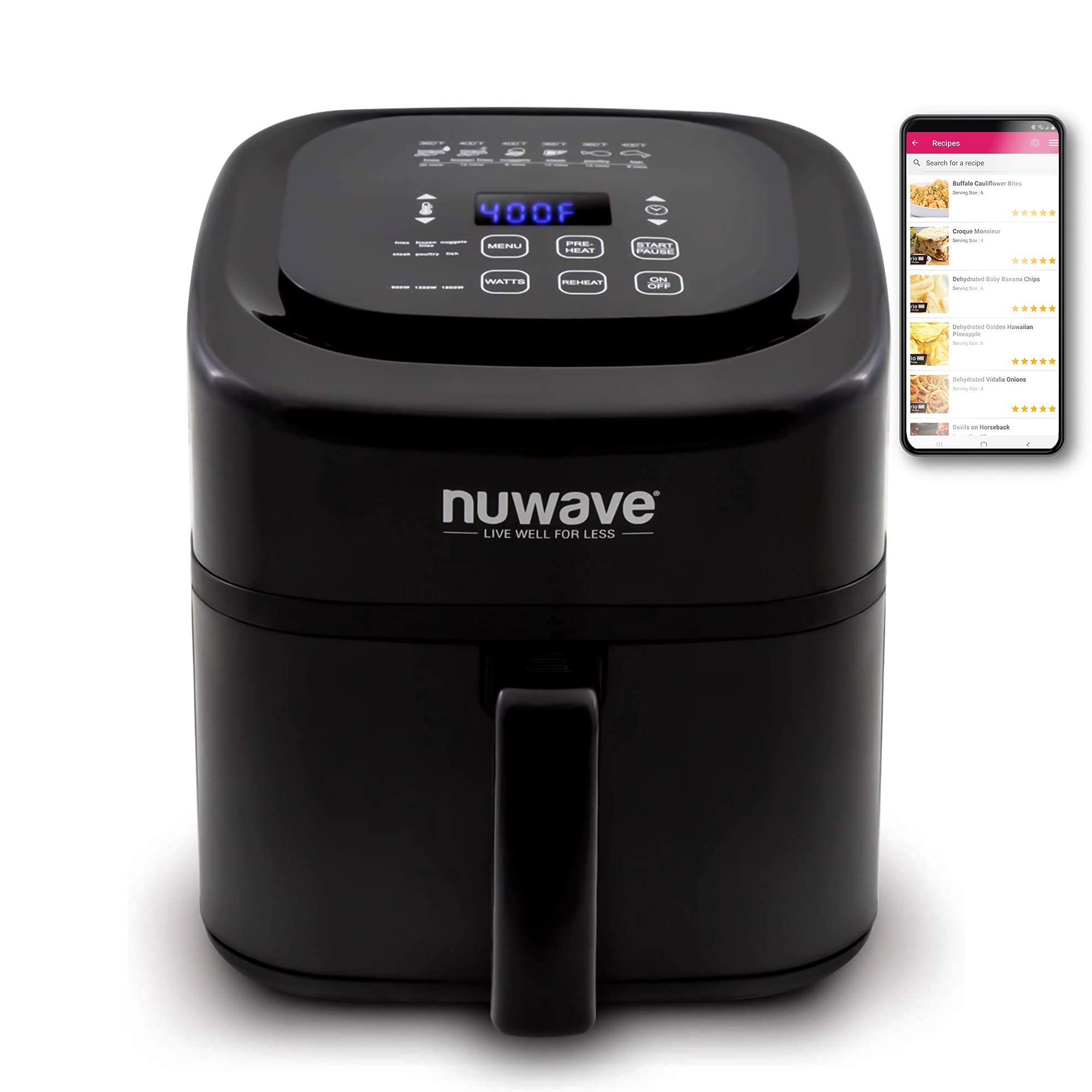 NuWave Brio 6-Quart Air Fryer with App Recipes (Black) Includes Basket Divider, One-Touch Digital Controls, 6 Easy Presets, Wattage Control, and Advanced Functions like SEAR, PREHEAT, DELAY, WARM and More (NEW UPDATED MODEL)