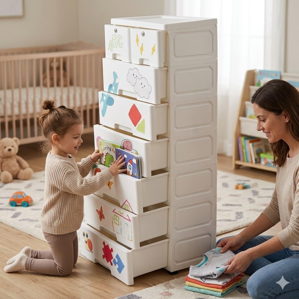The Tickle Toe Plastic Chest of 8 Drawers for Kids | Multipurpose Organizer & Kids Wardrobe with 2 Locks | Glossy Dresser for Clothes & Toys | 44Lx28.5Wx114H cm | White 1