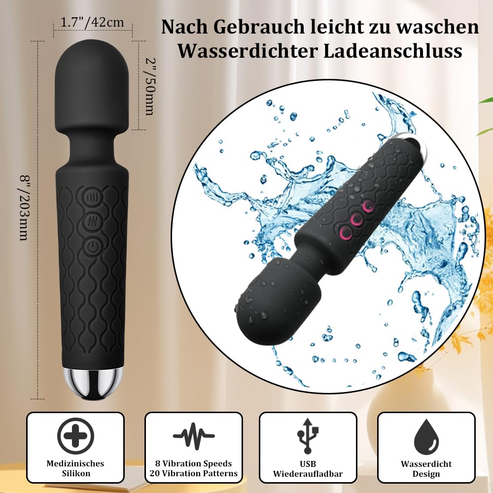 Vibration für Frauen Massagestab Massager Leises&Starkes,Elektrischer Handheld Kabelloses Handmassagegerät Stab-Massager aus Weiches Silikon, 20 Vibrationsmodi& 8 Geschwindigkeiten,Ganzkörper,Schwarz