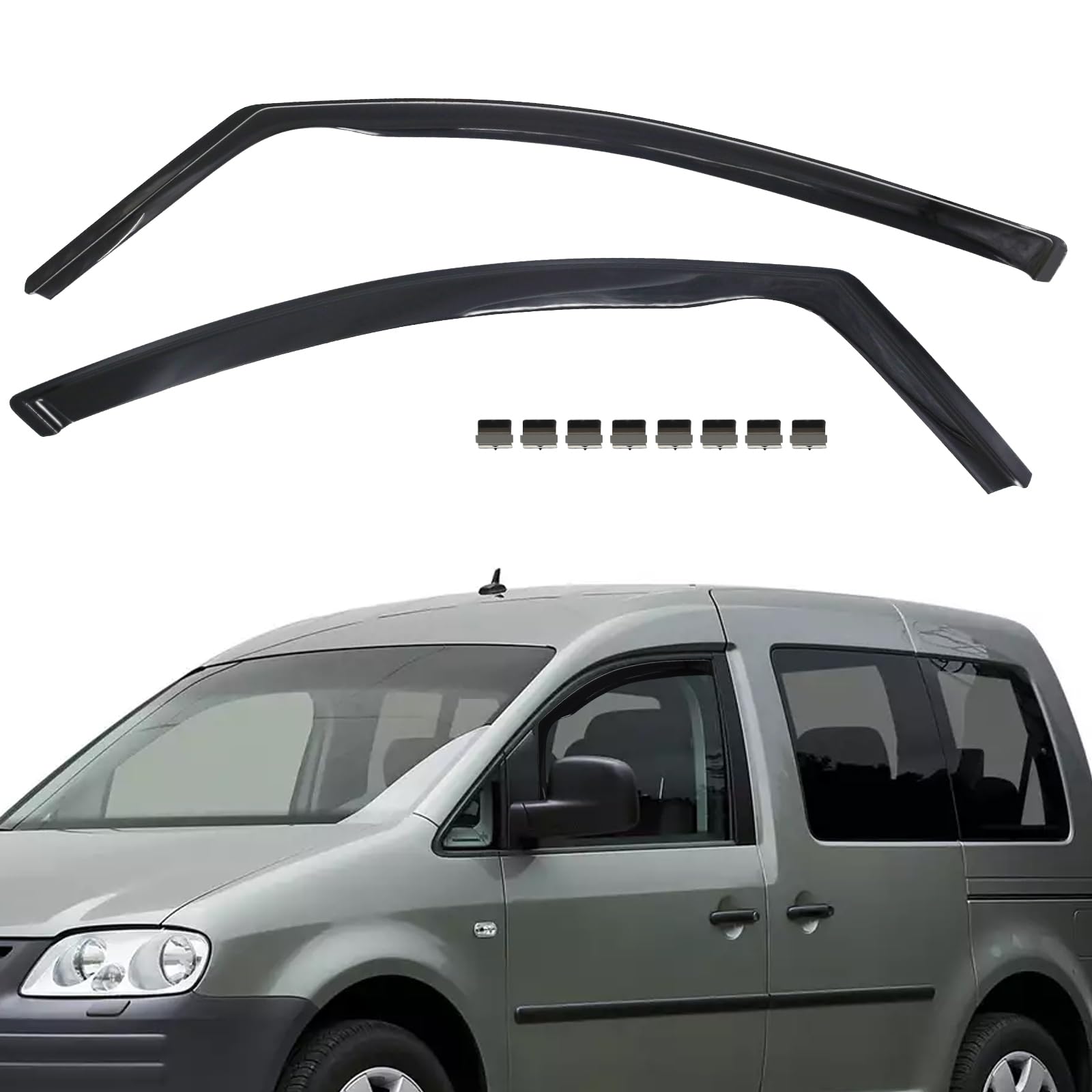 Zweiteiliger Fenster-Regenabweiser für Volkswagen Caddy(2005–2018). Einteiliger Windabweiser, Regen- und Windabweiser, einfach zu montieren, Schwarz