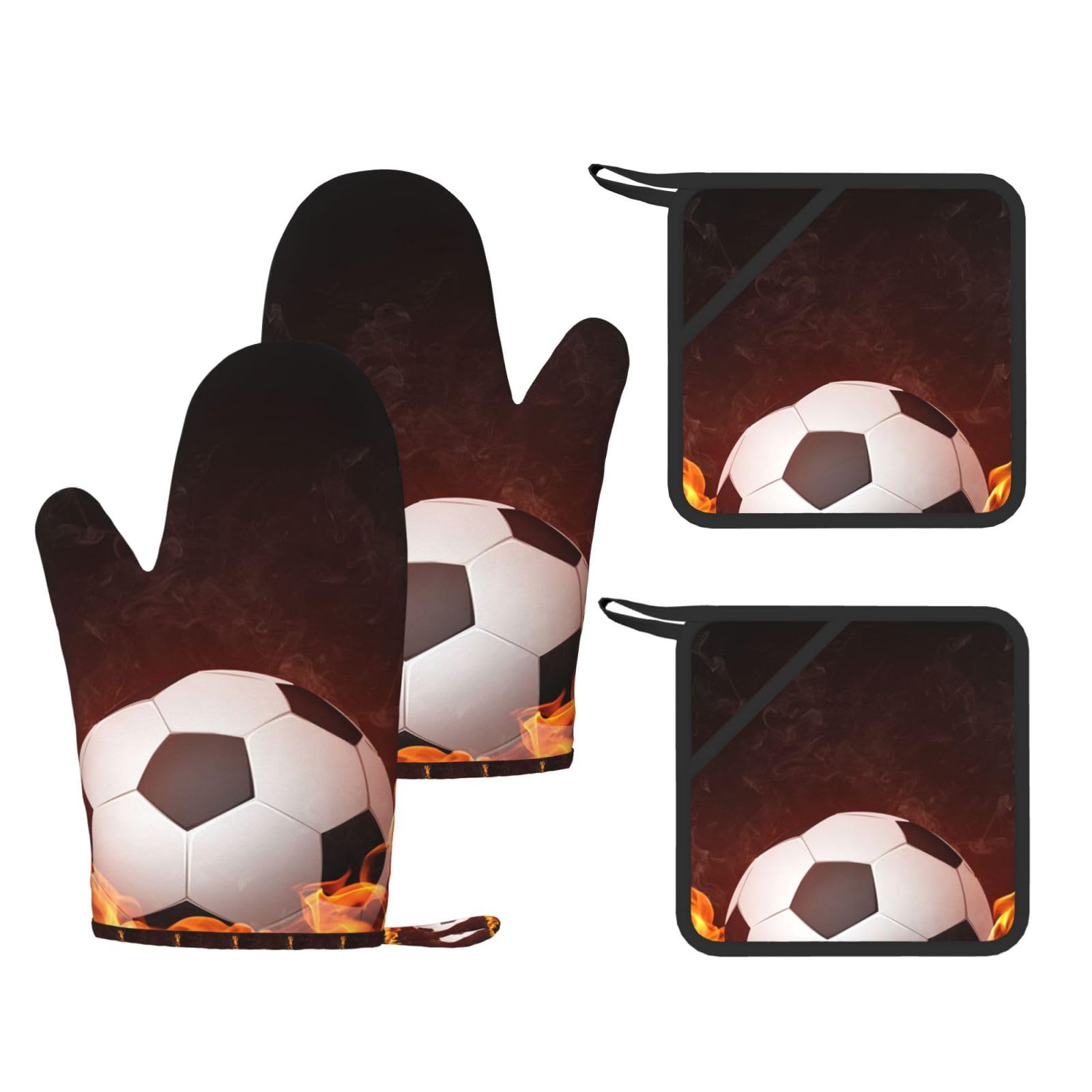 Ensemble de Quatre Gants et maniques résistants à la Chaleur, Gants de Cuisine antidérapants, Gants de Four, Gants de Football en feu