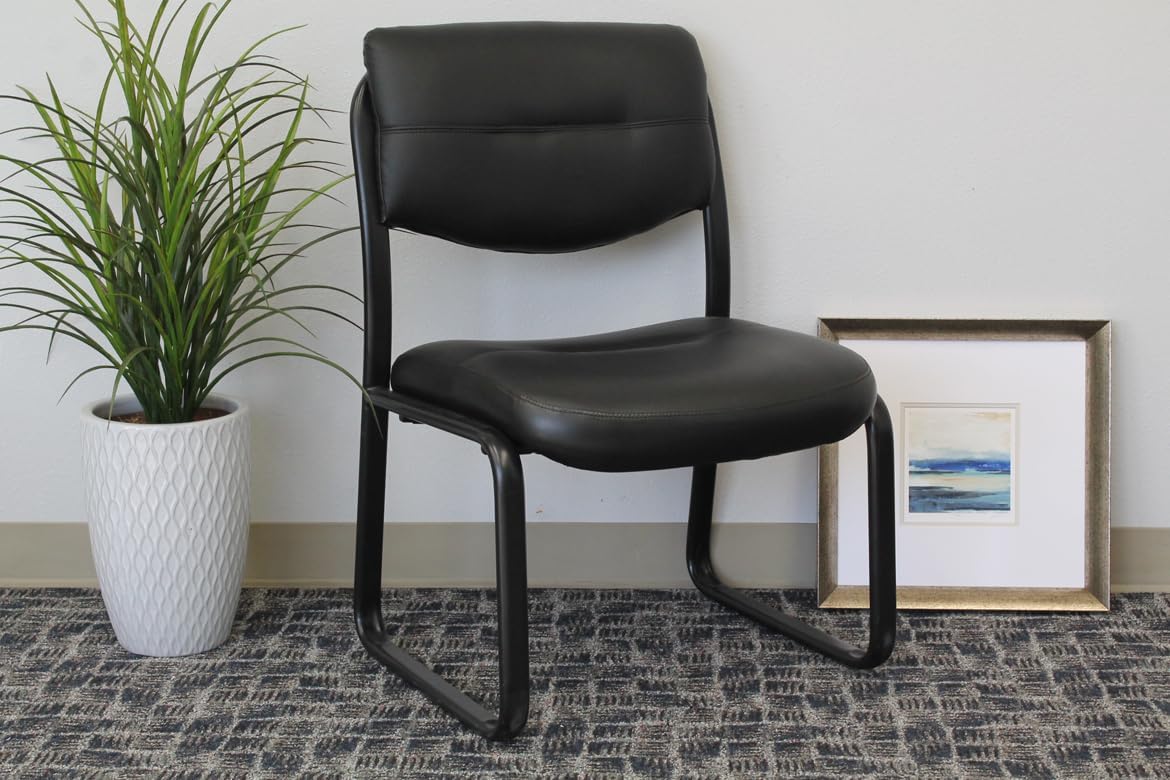 Boss Office Products Leather Sled Base Side Chair with Arms in Black (B9519)