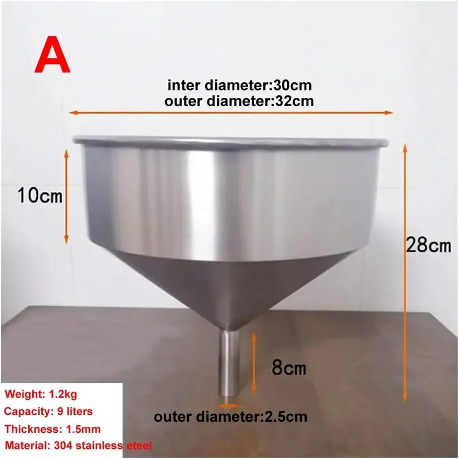 Thick 304 Stainless Steel Funnel Paste Liquid Cylinder Filling Machine Food Machinery Hopper Diameter 30cm Capacity 9 litres(A)